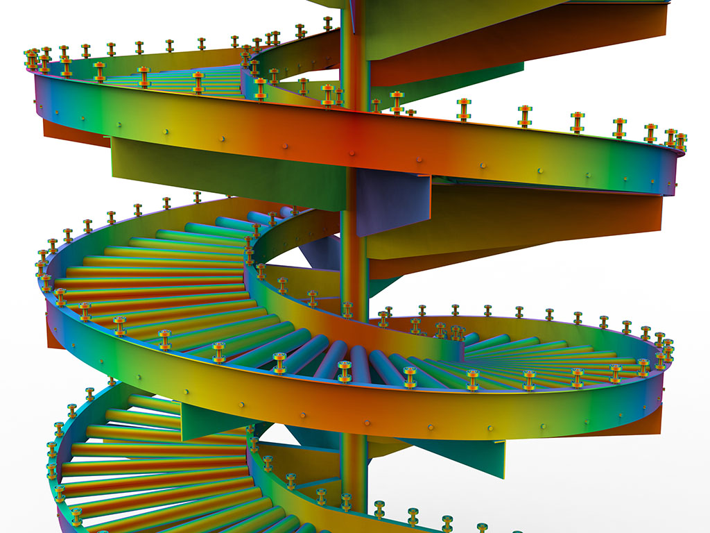 Finite element analysis of a spiral staircase showing stress distribution in the structure