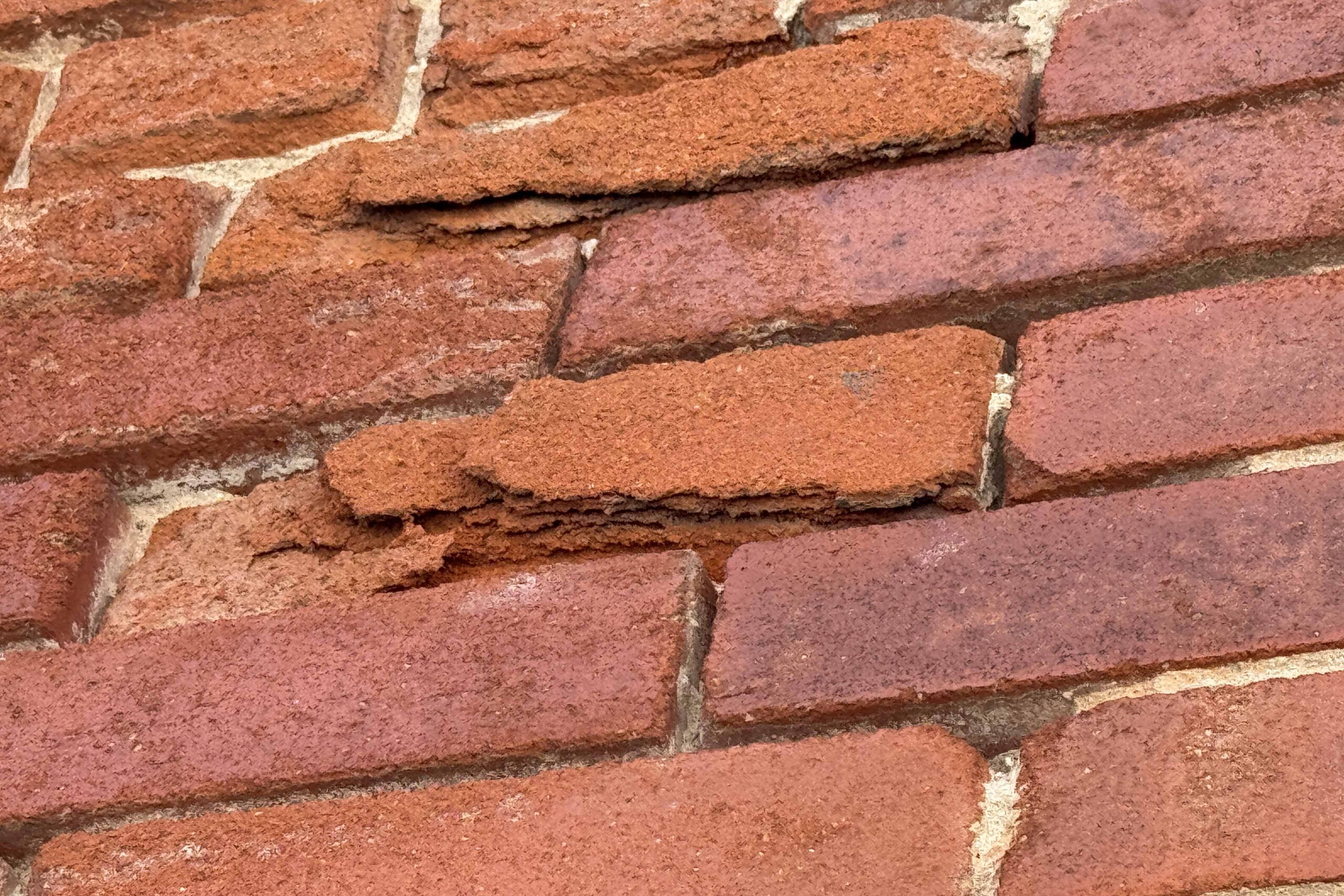 Severe brick spalling and delamination observed on a heritage masonry façade during a condition assessment.