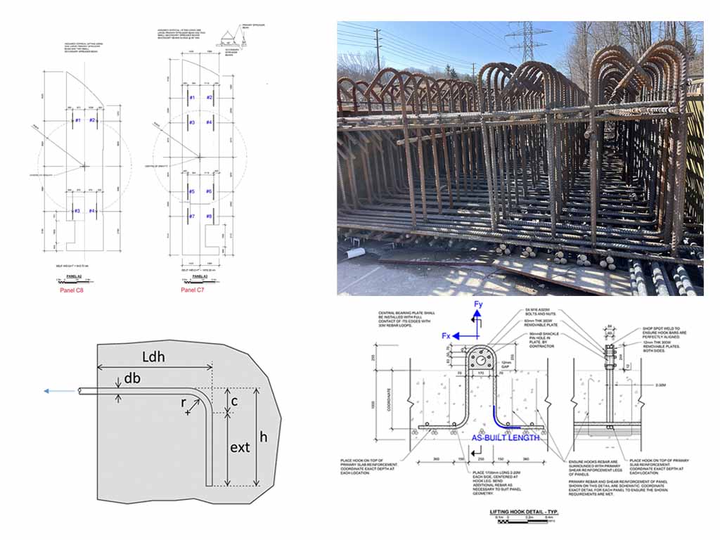 Structural engineering review and approval of revised lifting hook details for heavy precast concrete elements.